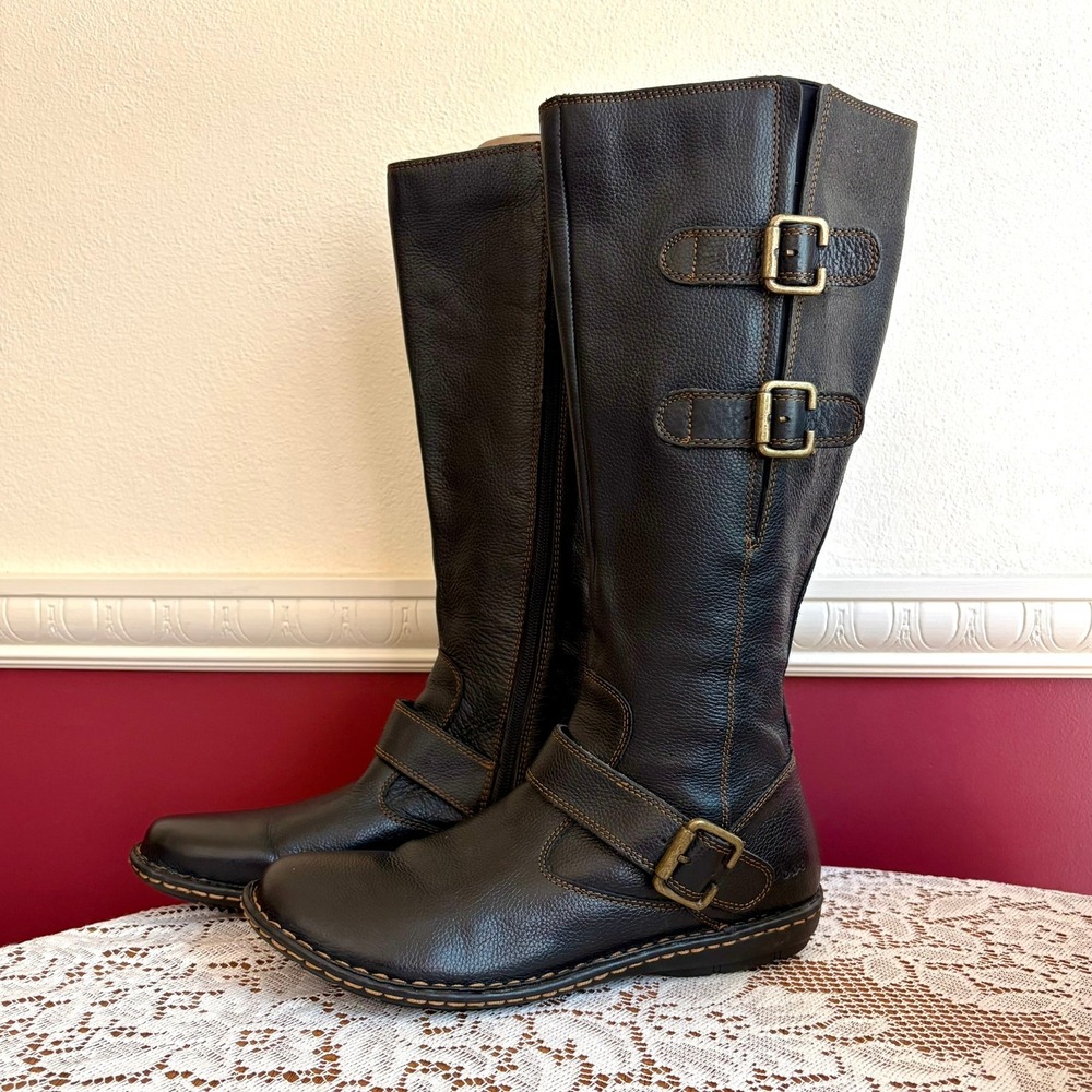 b.o.c. Born Concept Black Pebbled Leather Tall Moto Riding Boots Buckle Womens 9